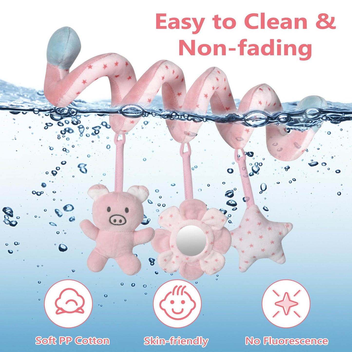 SAMMAS Car Seat Toys, Infant Baby Pink Pig Spiral Activity Hanging Toys Stroller Toys for Car Seat Stroller Bar Crib Bassinet Mobile with Mirror BB Squeaker and Rattles