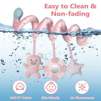 SAMMAS Car Seat Toys, Infant Baby Pink Pig Spiral Activity Hanging Toys Stroller Toys for Car Seat Stroller Bar Crib Bassinet Mobile with Mirror BB Squeaker and Rattles