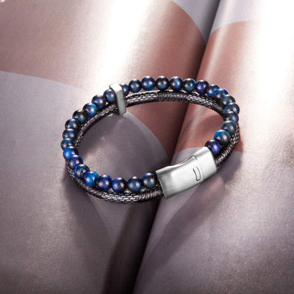 murtoo Mens Bead Leather Bracelet, Blue and Brown Bead and Leather Bracelet for Men (Blue-silver)