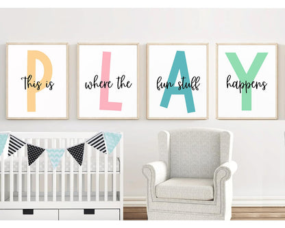 Baccone Kids Playroom Wall Art Playroom Wall Decor Kids Play Canvas Wall Art Play Sign Pictures Toddler Playroom Art Prints Nursery Children Artwork for Room Bedroom Set of 4 8x10 Inch Unframed