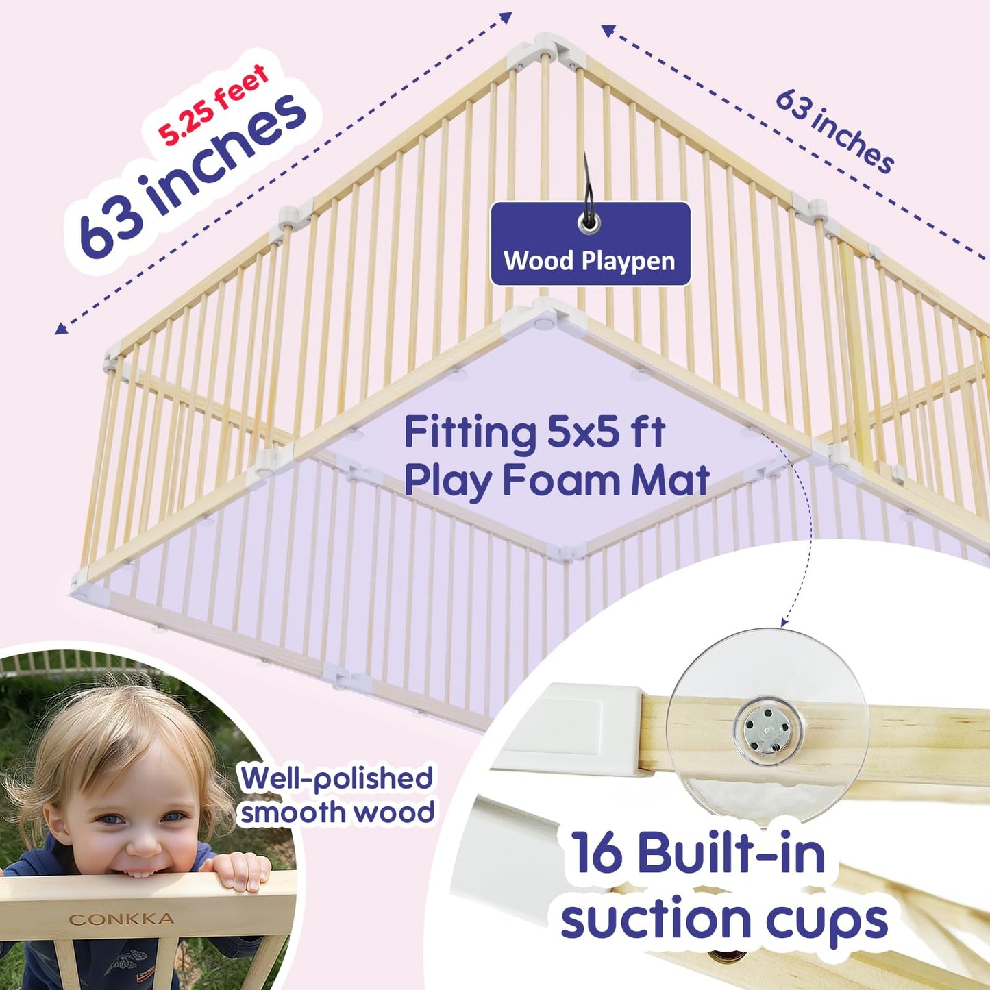 CONKKA Foldable Wooden Baby Playpen Large Play Yard for Babies, 2-in-1 New Mom Helper Portable Fence, 25" Tall Custom Wood Gate with Adjustable Size & Shape for Infants 3-18 Months -63x63x25 inch