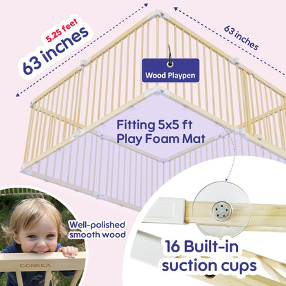CONKKA Foldable Wooden Baby Playpen Large Play Yard for Babies, 2-in-1 New Mom Helper Portable Fence, 25" Tall Custom Wood Gate with Adjustable Size & Shape for Infants 3-18 Months -63x63x25 inch