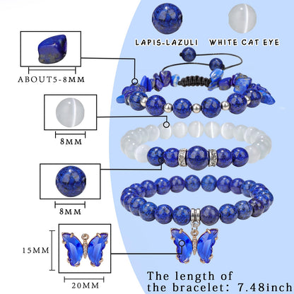 Raicegs Healing Crystal Bracelets for Women Lapis Lazuli Butterfly Bracelet Set 8mm Natural Stone Beaded Bracelet Anxiety Stress Relief Purple Bracelets for Women