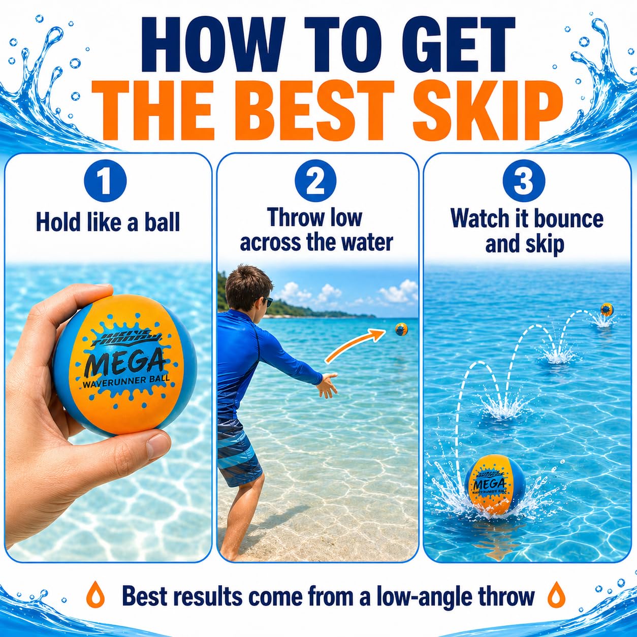 Wave Runner Water Skipping Balls 2 Pack, Soft Foam Pool Balls for Kids & Adults, Bounce Across Water, Floating Beach Toys with Mesh Bag, Summer Pool Toys for Family Vacation, Ages 6+
