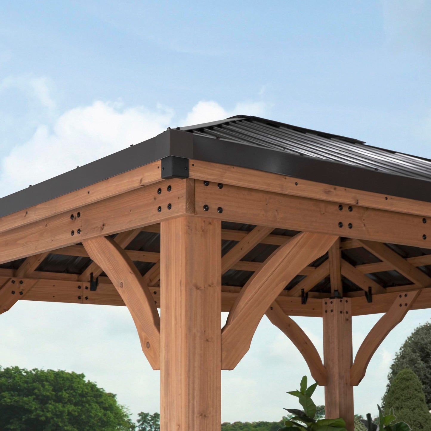 Backyard Discovery Barrington 12' x 10' Cedar Wood Outdoor Gazebo Pavilion with Hardtop Galvanized Steel Hip Roof, Snow Support, Wind Resistance, PowerPort, Shade for Garden, Patio, Deck, Entertaining