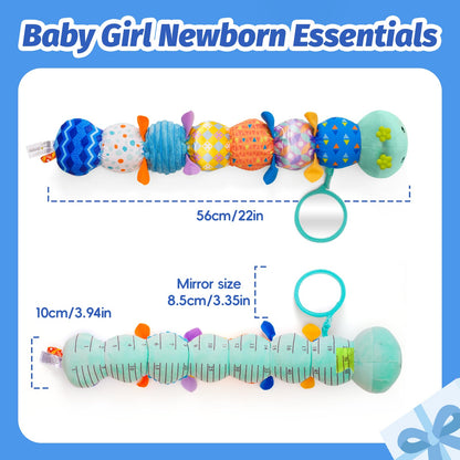 Baby Toys 0-6 Month, Musical Caterpillar Rattle, Infants Sensory Toy with Mirror Crinkle Textures, Newborn Developmental Tummy Time Stuffed Plush Animal toys for Babies Boys Girls 3-6-12 Months (Blue)
