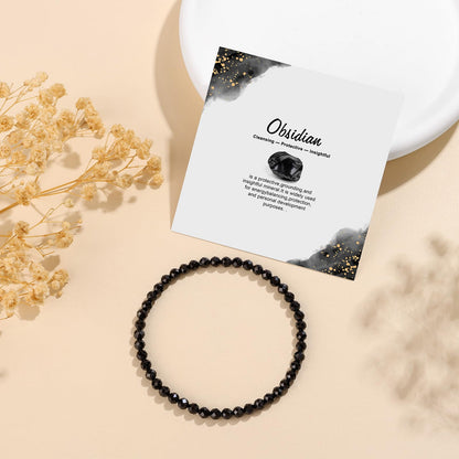 GolbalJew Natural Gemstone Beads Bracelets Healing Crystal Stone Beaded Bracelet for Women Men Handmade Spiritual Jewelry Gifts, 4mm Obsidian Faceted Round Beads