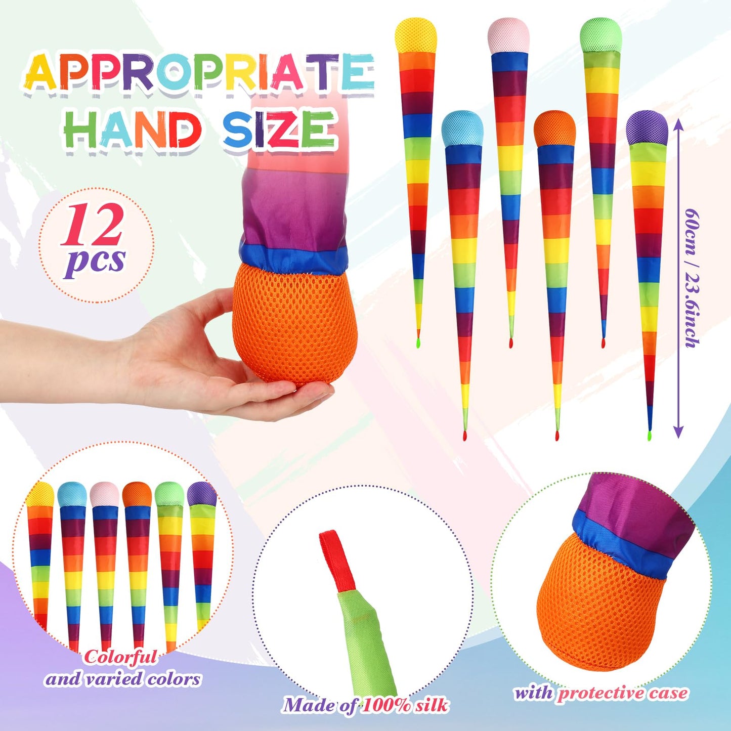 Leyndo 12 Pcs 28 Inch Throw and Catch Balls with Rainbow Tail, Soft Sports Play Comet Balls Playground Toys Bulk for Kids Adults Games and Activities Fun Throwing School (Classic)