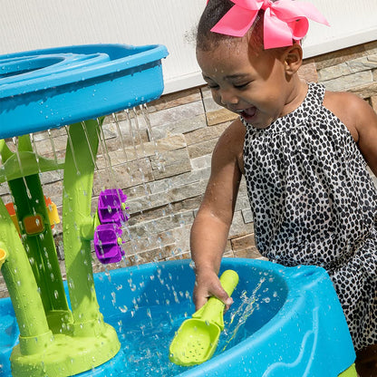 Step2 Summer Showers Splash Tower Water Table for Kids, Outdoor Kids Water Sensory Table, Ages 1.5+ Years Old, 8 Piece Water Toy Accessories, Blue & Green