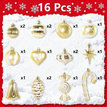 Christmas Ornaments, 16Pcs Gold and White Christmas Ornaments Set with Hanging Strings Ideal for Christmas Tree Decorations and Indoor Accents