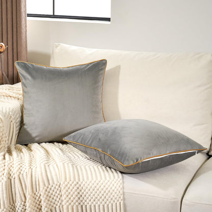 Aeckself Pack of 2 Gray Velvet Pillow Covers 18 x 18 Inch, Modern Luxury Decorative Pillowcase with Gold Trim Edge, Comfortable Soft Solid Cushion Case for Couch Bedroom Living Room