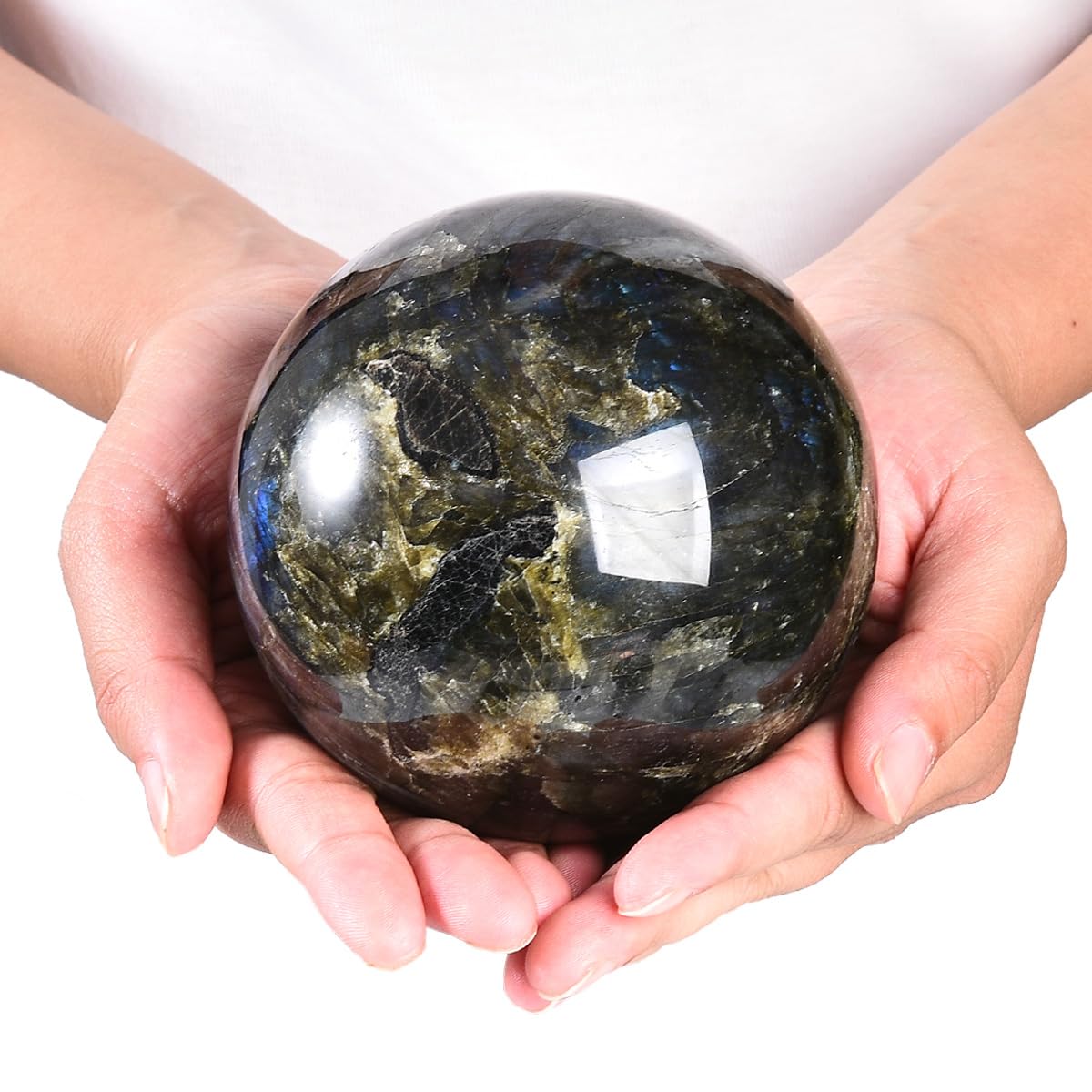 MOGEMT Large Labradorite Crystal Ball with Stand Natural Crystals Sphere Gemstone Ball Meditation Witchcraft Home Decor 100-110mm/3.9-4.3"