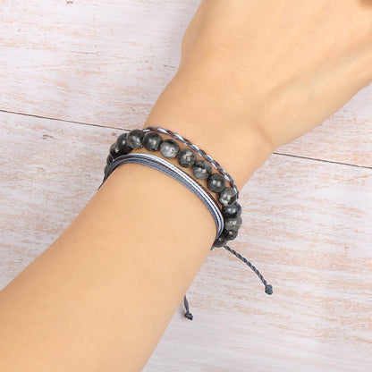 QOGIR Handmade Healing Bracelet,8mm Natural Black Larvikite Gem Stone Beads Bracelet,for Men Women Gifts with 2PCS Size Adjustable Rope Bracelets