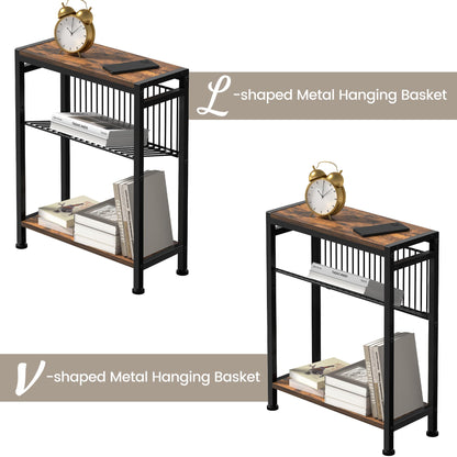 Homedawn Small Side Table for Small Space, 3-Tier Narrow End Table with Magazine Holder,Slim Nightstand, Skinny Snack Couch Table in Living Room, Bedroom Study and Balcony (Rustic Brown &Black)