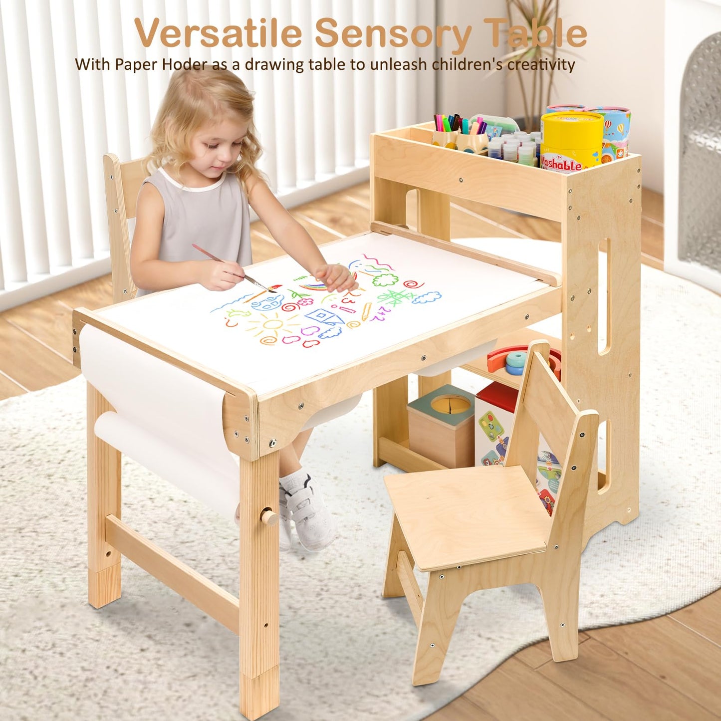 WINGYZ Sensory Table and Chairs, Toddler Activity Table and 2 Chair Set with Storage Cabinet & Bins, 6 in 1 Kids Desk Art Table with Paper Roll for Playrooms Daycare, Sensory Tables for Toddler Gifts