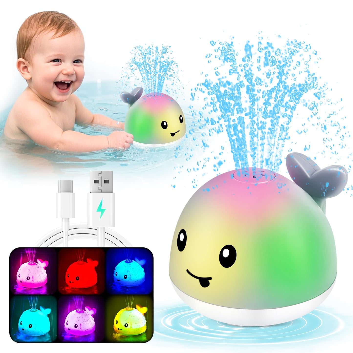 WAVISA Light Up Whale Bath Toys Sprinkler for Babies 6-12 12-18 Months, Kids Ages 1-3 2-4, Baby Infant Toddler Summer Pool Water Fountain Bathtub Toys for 1 Year Old Boys Girls Birthday Gifts