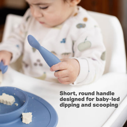 ezpz Tiny Spoon (2 Pack in Blue) - 6 Months+ - 100% Silicone Spoon for Baby Led Weaning + Purees - Designed by a Pediatric Feeding Specialist - Shower Essentials & Gifts