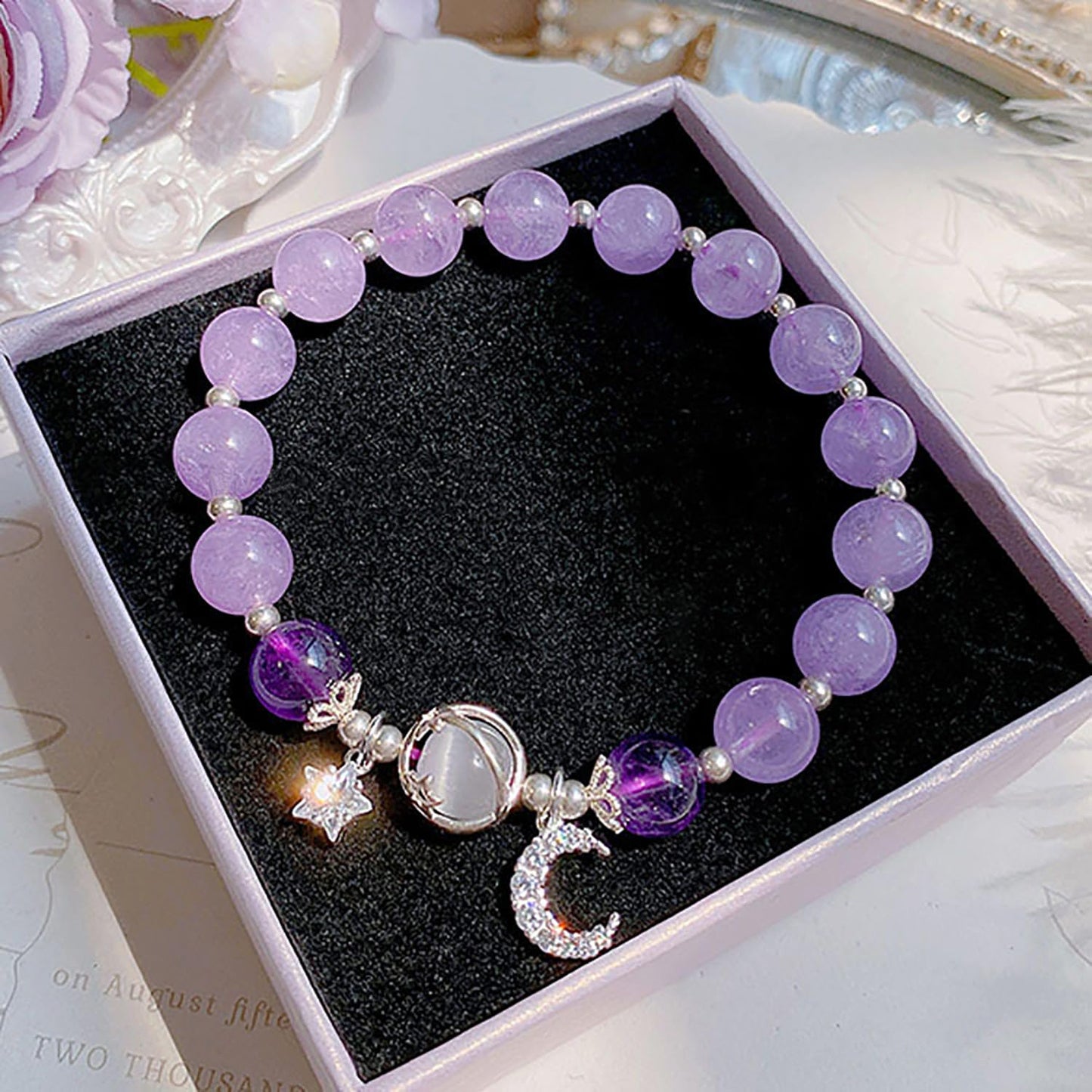Aktully Crystal Healing Bracelets for Women Stars Moon Planet Bracelet Amethyst Healing Beaded Bracelets Lucky Energy Chakra Beads Bracelet for Women (Purple)