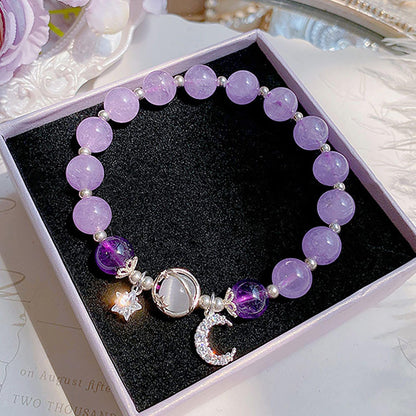 Aktully Crystal Healing Bracelets for Women Stars Moon Planet Bracelet Amethyst Healing Beaded Bracelets Lucky Energy Chakra Beads Bracelet for Women (Purple)