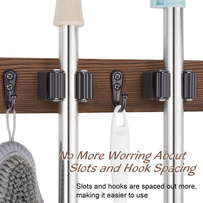OUTNILI Mop Broom Holder Wall Mount with 3 Slots & 4 Hooks - Wood Broom Mop Hanger for Pantry Kitchen Organization - Garden Tool Organizer for Closet Laundry Room - for Rustic Farmhouse Kitchen Decor