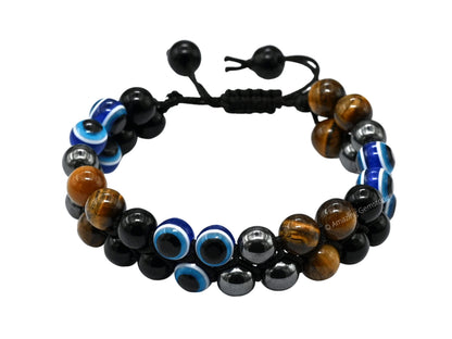 Amazing Gemstone Evil Eye Ultimate Protection Bracelet - Multi Triple Protection Bracelet unisex - Hematite, Tiger Eye, Black Obsidian Bracelet Set Healing Stones Pulseras Para Hombres Mujer