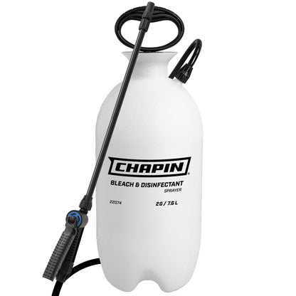 Chapin 22074 Bleach Pump Sprayer, 2‑Gallon, Lawn & Garden, Bleach‑Resistant Poly Tank, Funnel‑Top, Anti‑Clog Filter, Adjustable Cone Nozzle, 40" Hose for Cleaning, Mold & Disinfecting Applications