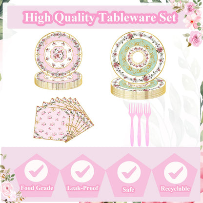 Fyeoxle 96pcs Floral Party Supplies Flower Paper Plates and Napkins Tableware Set for 24 Guest Floral Party Disposable Paper Dinner Plates Napkins Forks for Birthday Bridal Shower Tea Party Supplies
