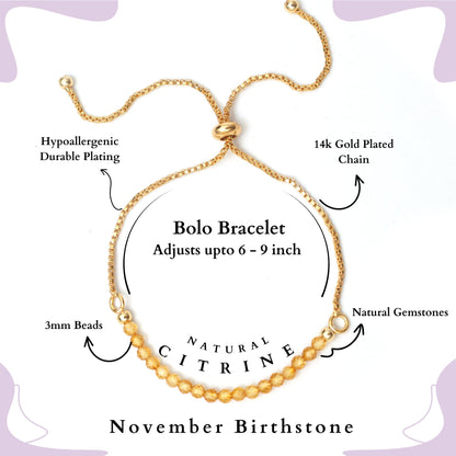 Gempires Birthstone Beaded Bracelet, Citrine Beads Bracelet, November Birthstone Jewelry, Bolo Bracelet, Gift for Her, 14k Gold Plated Chain (6-9 inch Adjustable Length)