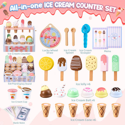 Ehome Wooden Ice Cream Toys Set Pretend Play Food Store for Kids Serve Ice Cream Counter Shop Kitchen Playset with Lucky Wheel, Scoop, Menu, Fake Money for Boys and Girls Ages 3 4 5 6 Birthday Gift