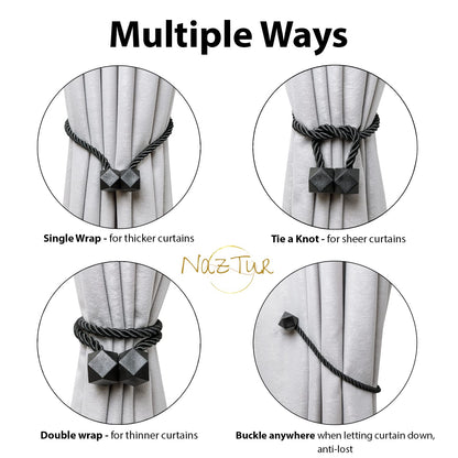 NazTur Magnetic Curtain Tiebacks- Upgrade 2022 with a Thicker Twist Rope & Strong Magnet Tieback Window Treatment Holdbacks Draperies Holders Decorative Drape Handmade Tie Back (Black, 2)