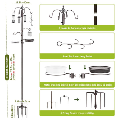 Bird Feeder Station with Suet Cage & Water Bowl Fruit Hook- Adjustable Pole, 6 Hanging Hooks for Wild Birds, Outdoor Garden Bird Feeding Kit