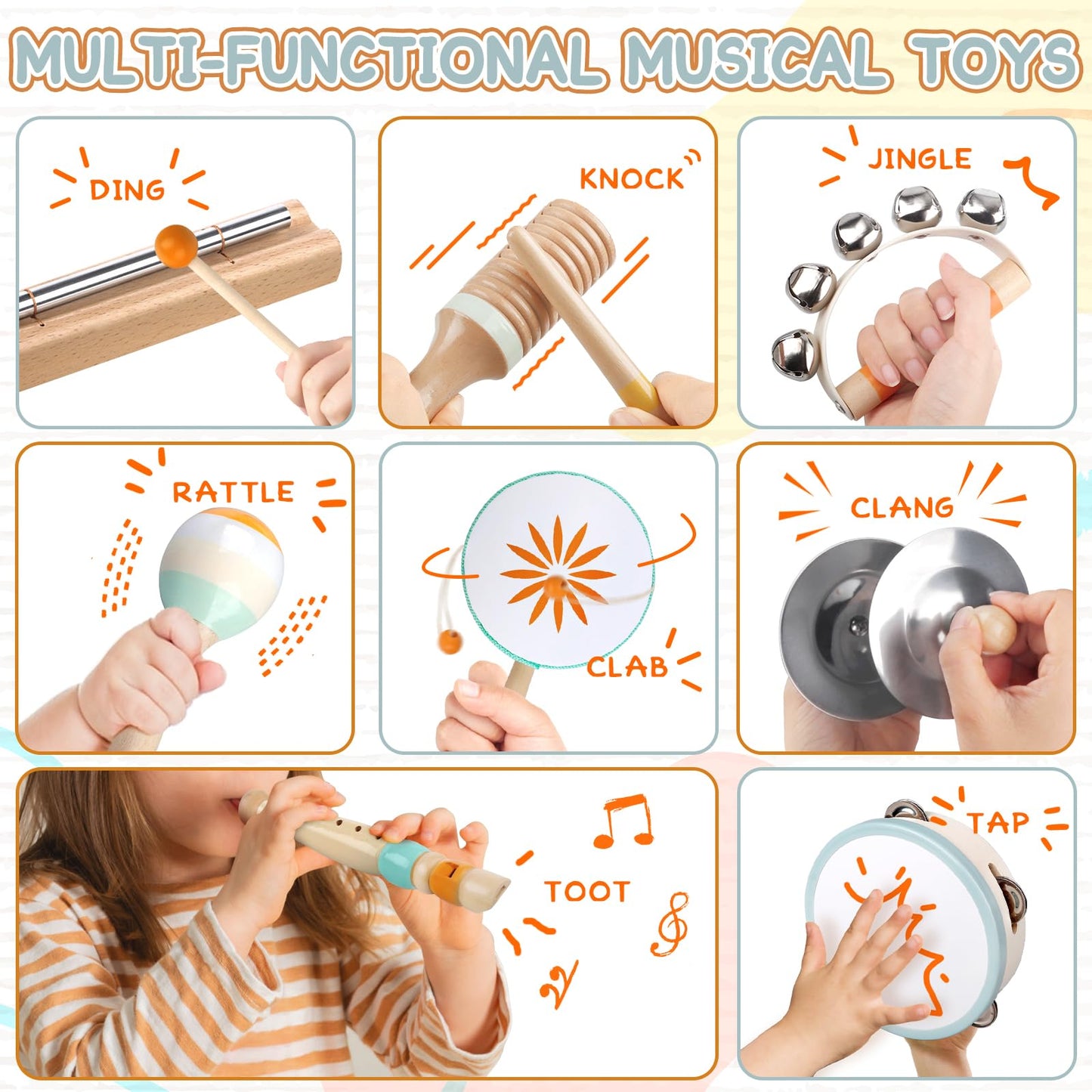 Baby Musical Instruments - Montessori Musical Toys for Toddlers 1-3, Wooden Percussion Instruments Set, Kids Preschool Educational Music Learning Toys, Birthday Gifts for Boys Girls (Neutral)