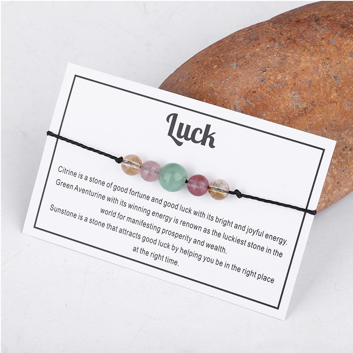 Caiyao Multistyle Healing Crystal Stone Bead Bracelet with Meaningful Card Handmade Adjustable Wax Rope Yoga Amethyst Tigereye Chakra Bracelets for Women Men Meditation Relax Anxiety Jewelry-Luck