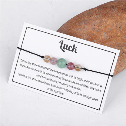 Caiyao Multistyle Healing Crystal Stone Bead Bracelet with Meaningful Card Handmade Adjustable Wax Rope Yoga Amethyst Tigereye Chakra Bracelets for Women Men Meditation Relax Anxiety Jewelry-Luck