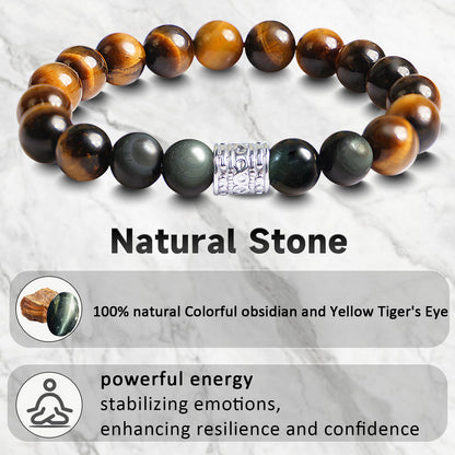 Tiger Eye Obsidian Beaded Bracelets For Men Gemstone Bracelets For Men &Women Fashion Natural Stone Men‘s Jewelry (colourful black&yellow)