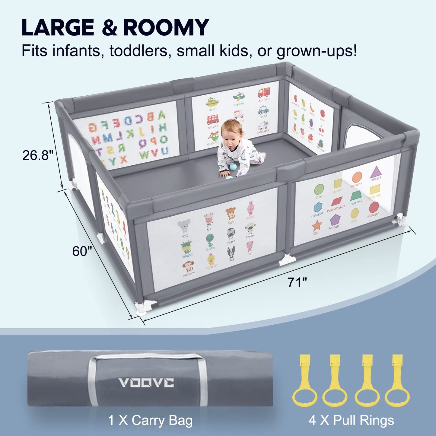 VOOVC Baby Playpen for Babies and Toddlers, 71x60 Inches Thickening Tube Baby Playards Kids Activity Center with Anti-Slip Suckers Tear-Resistant Mesh