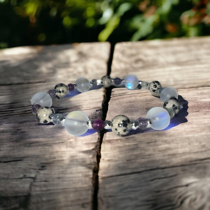 “BUBBLES BRACELET” (Mermaid Moonstone Crystal Glass & Fluorite) Natural Gemstone Healing Bracelet - [7 inches]