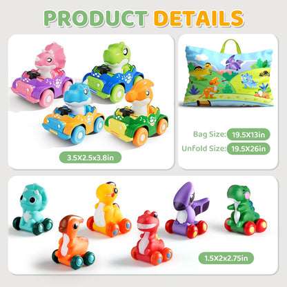 ALASOU 10 PCS Dinosaur Car Toys for 1 Year Old Boy with Playmat/Storage Bag|Baby Toys 1 Year Old Boy Gifts for Toddler Toys 1-2|1st Birthday Gift for Infant 12 18 Months