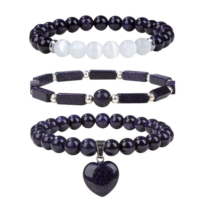 Vinswet Healing Crystal Beaded Bracelets for Women,Natural Blue Sandstone Moonstone Gemstones Bracelet,Anxiety Stress Relief Heart Charm Bracelet Handmade Blue Jewelry Gifts for Women (3pcs)