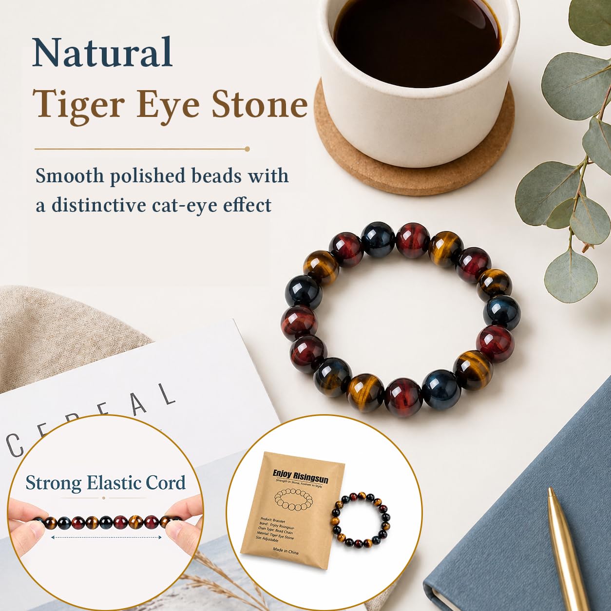 Enjoy Risingsun Tiger Eye Bracelet,Relax Anxiety Crystal Beaded Triple Protection Jewelry Bead Stone Chakra Gemstones Bracelets for women men