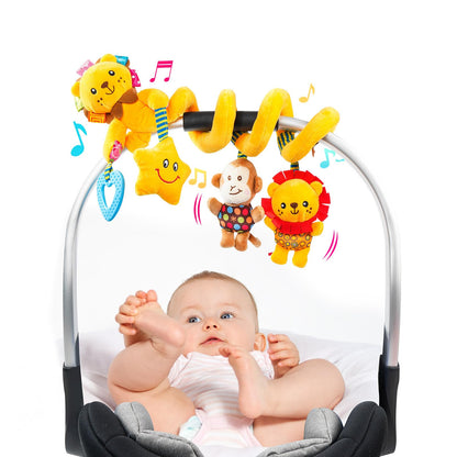 Jollybaby Crib Stroller Car Seat Toys for Baby 0-3-6-9-12 Months, Tummy Time Hanging Sensory Toys for Newborn with Music Box and Teether, Spiral Carseat Toy for Baby Boys Girls Gifts (07-Little Lion)