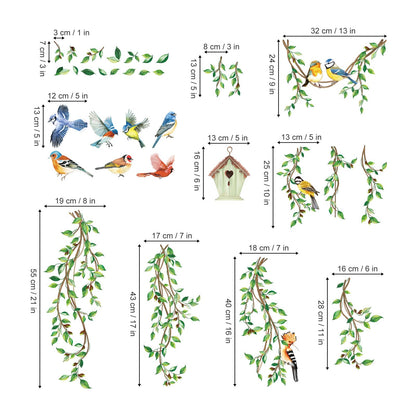 decalmile Spring Summer Hanging Green Vine Window Clings Double Sided Birds Tree Leaves Window Decals Anti-Collision Doors Glass Stickers