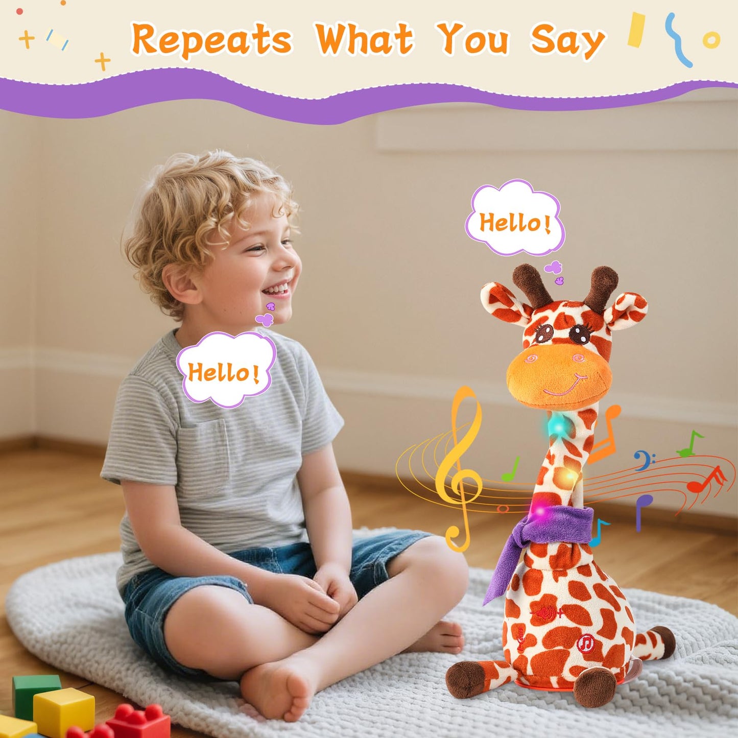 LLUKEME Dancing Talking Giraffe Plush Toy, Interactive Repeating Plush Toy that Mimics Your Words. Glowing Electric Giraffe Gifts with 10 Built-in Kids’ melodies, Ideal for Toddlers Aged 1-3.