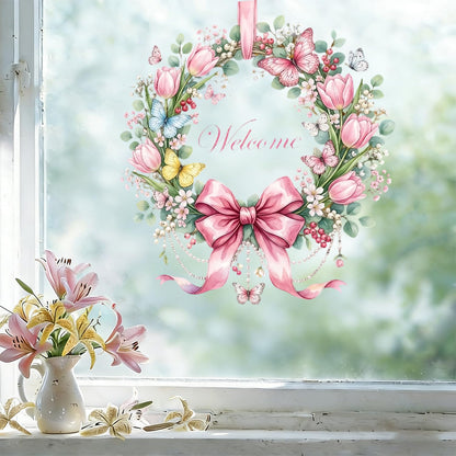 Summer Bow Welcome Window Clings Pink Tulip Flower Window Stickers with Butterfly Daisy Design Static Window Decals Easy to Clean Spring Glass Decals for Home Spring Theme Party Decor 1 Pcs