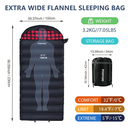 POEPORE 0 Degree Sleeping Bag 100% Cotton Flannel XXL Cold Weather Winter Oversized Sleeping Bag for Adults Camping Zero Degree Big and Tall with Compression Sack