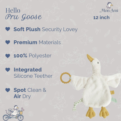 MON AMI PRU Goose Teether Lovie | 12-Inch Baby Security Blanket with Silicone Teether | Soft Plush Lovey for Teething Relief & Comfort