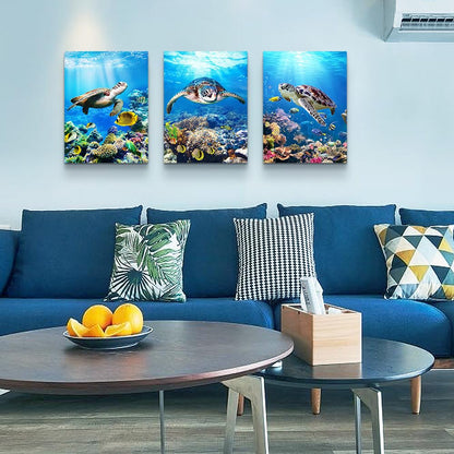 MHARTK66 Canvas Wall Art - Modern Decor for Living Room, Bedroom & Office - Sea Turtle Wall Paintings - Ocean & Underwater World Pictures - 3 Panels Ready to Hang - 12" X 16" Each