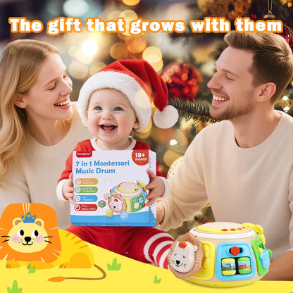 7-in-1 Activity Cube Drum Montessori Toys for Baby 18+ Months, Busy Toys for Toddlers with 9 Sensory Shape Blocks, Music & Light Educational Toys Christmas Birthday Gifts for Kids Boys Girls