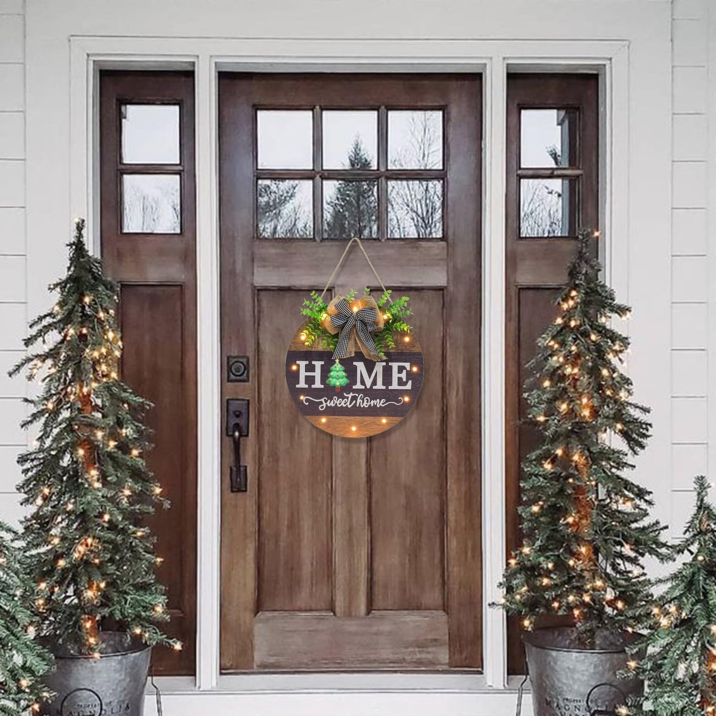 Interchangeable Welcome Sign for Front Door with 14 Changeable Icons, Farmhouse Front Porch Decor Rustic Wooden Wall Sign with 12 LED Lights, Outdoor Seasonal Welcome Home Decorations (Wood home1)