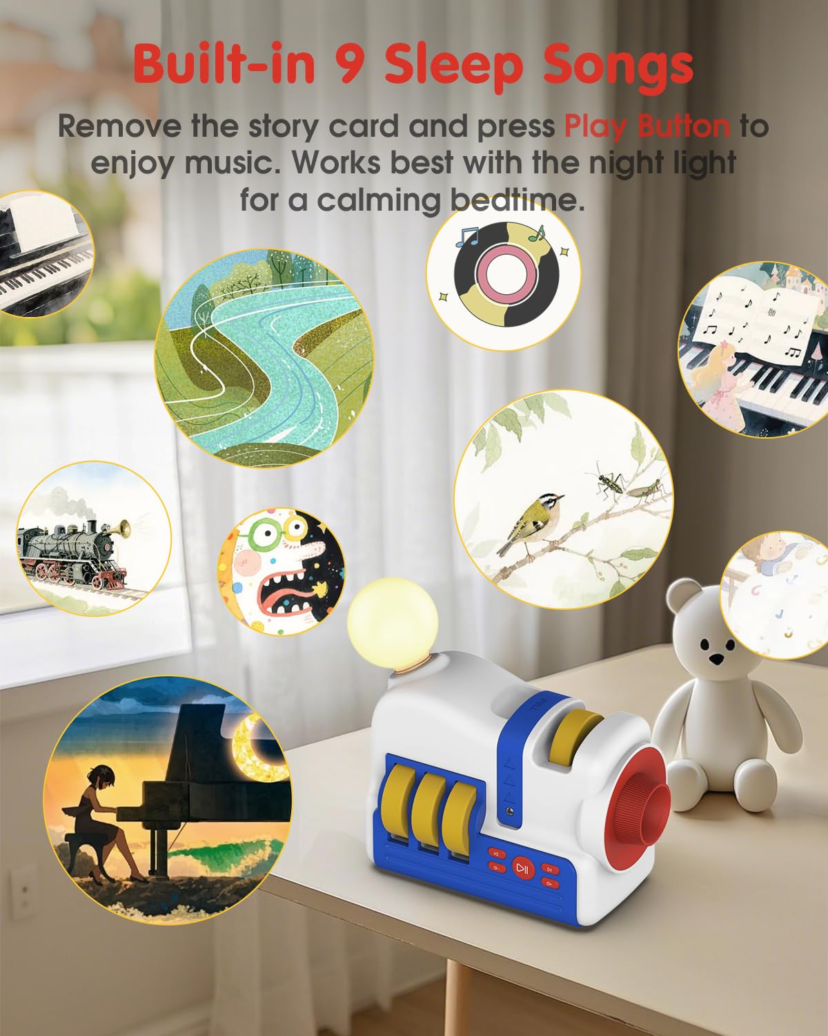 Humzo Story Projection Machine with 4 Story Cards, Built-in Audio Player, 9 Sleep Sounds & Gradient Night Light, Gift Toy for Toddlers and Kids (Boys & Girls) Age 3+, Battery or USB Powered